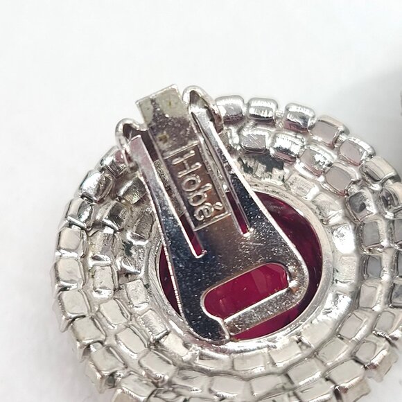 Hobé Ruby Red Rhinestone Clip Earrings Silver Tone Round Halo Art Deco Regency - Picture 4 of 9